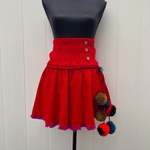 Free People: Red Corduroy Skirt with purple tier  and removable Pom-pom belt